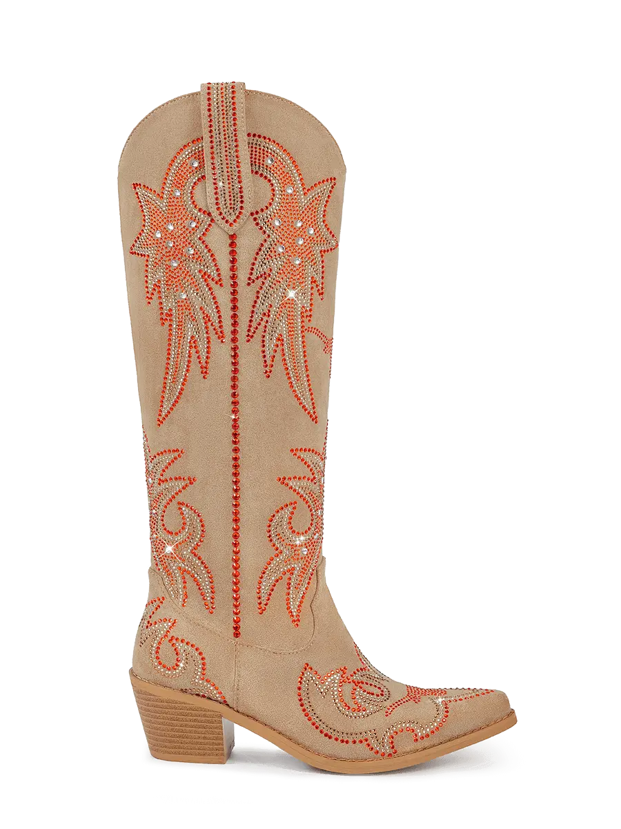 Apricot Rhinestone Faux Suede Knee High Western Boots | WETKISS