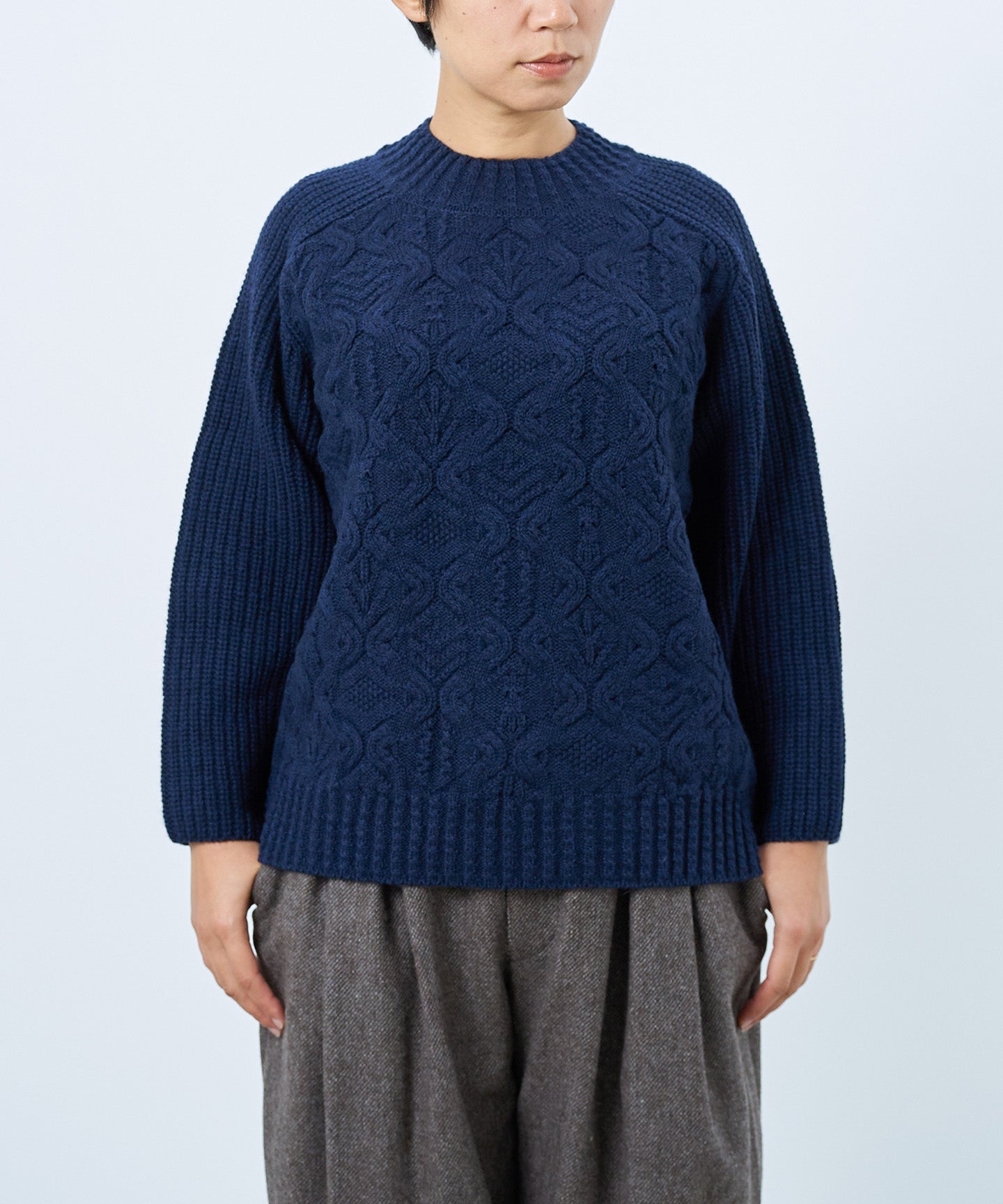 ウールカシミヤ〉〈5種類の模様編み〉パッチワーク柄ケーブル編みプル