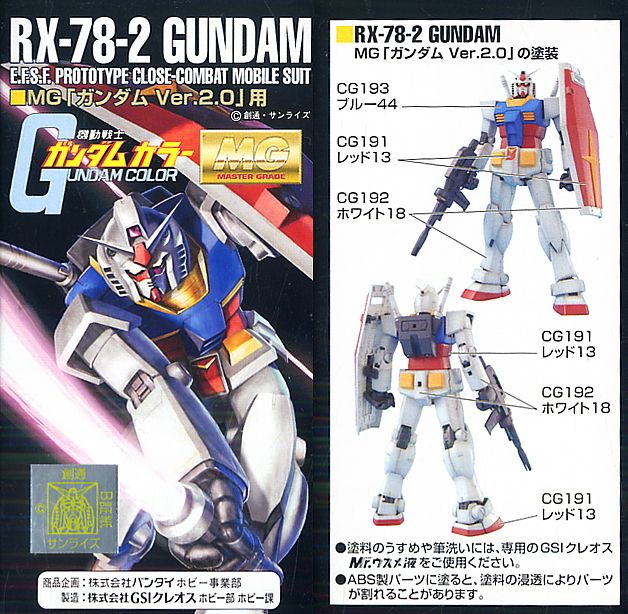 MG「ガンダム Ver.2.0」用 ガンダムカラーセット (塗料) - ホビー
