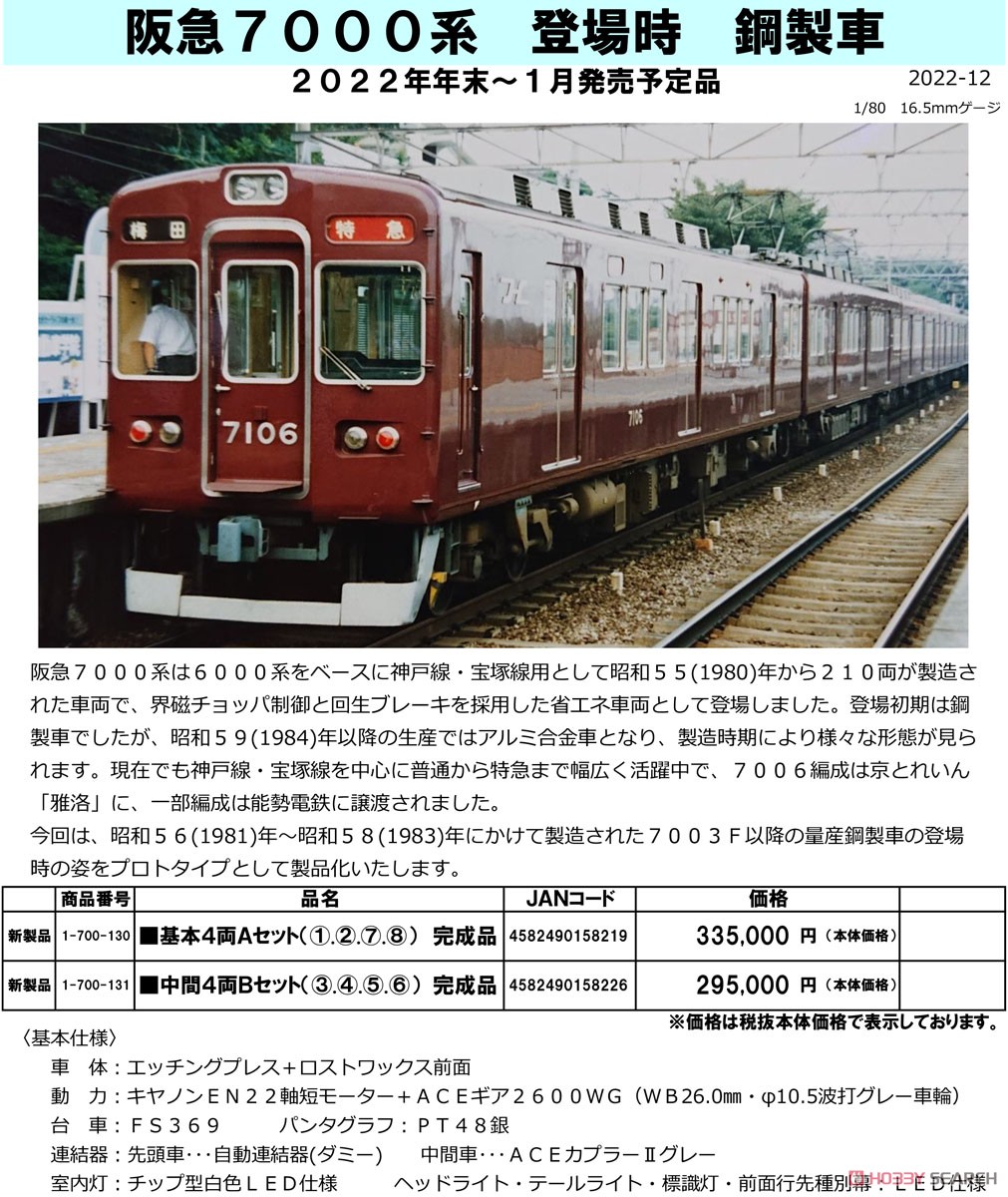 16番(HO) 阪急 7000系 登場時 鋼製車 中間4両Bセット (3.4.5.6) 完成品