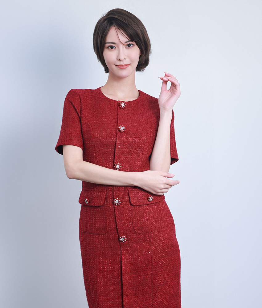 五分袖・タイト・フロントポケット・ショート丈・ミニドレス/ERUKEI