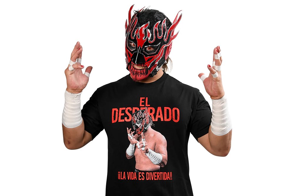 エル・デスペラード「LA VIDA ES DIVERTIDA」Tシャツ（ブラック×レッド