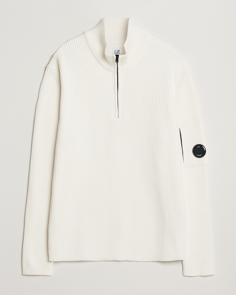 C.P. Company Full Rib Knitted Cotton Half Zip Off White at