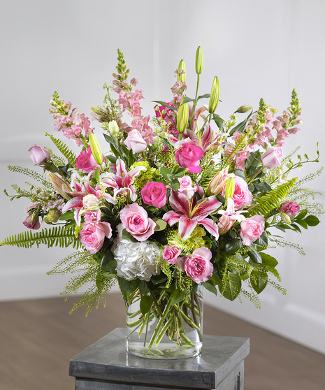 Pink Garden Sympathy Vase arrangement of hydrangea, roses, and