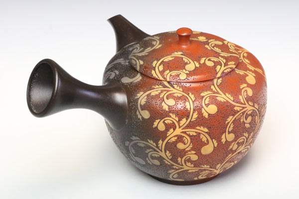 間野舜園 燻朱泥唐草紋急須 常滑焼 彫急須 満容量290ml 高級煎茶急須