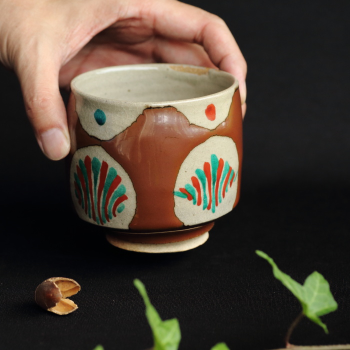 濱田友緒 柿釉赤絵湯呑 満容量350ml 登り窯焼成 益子焼茶器 作家ものカップ