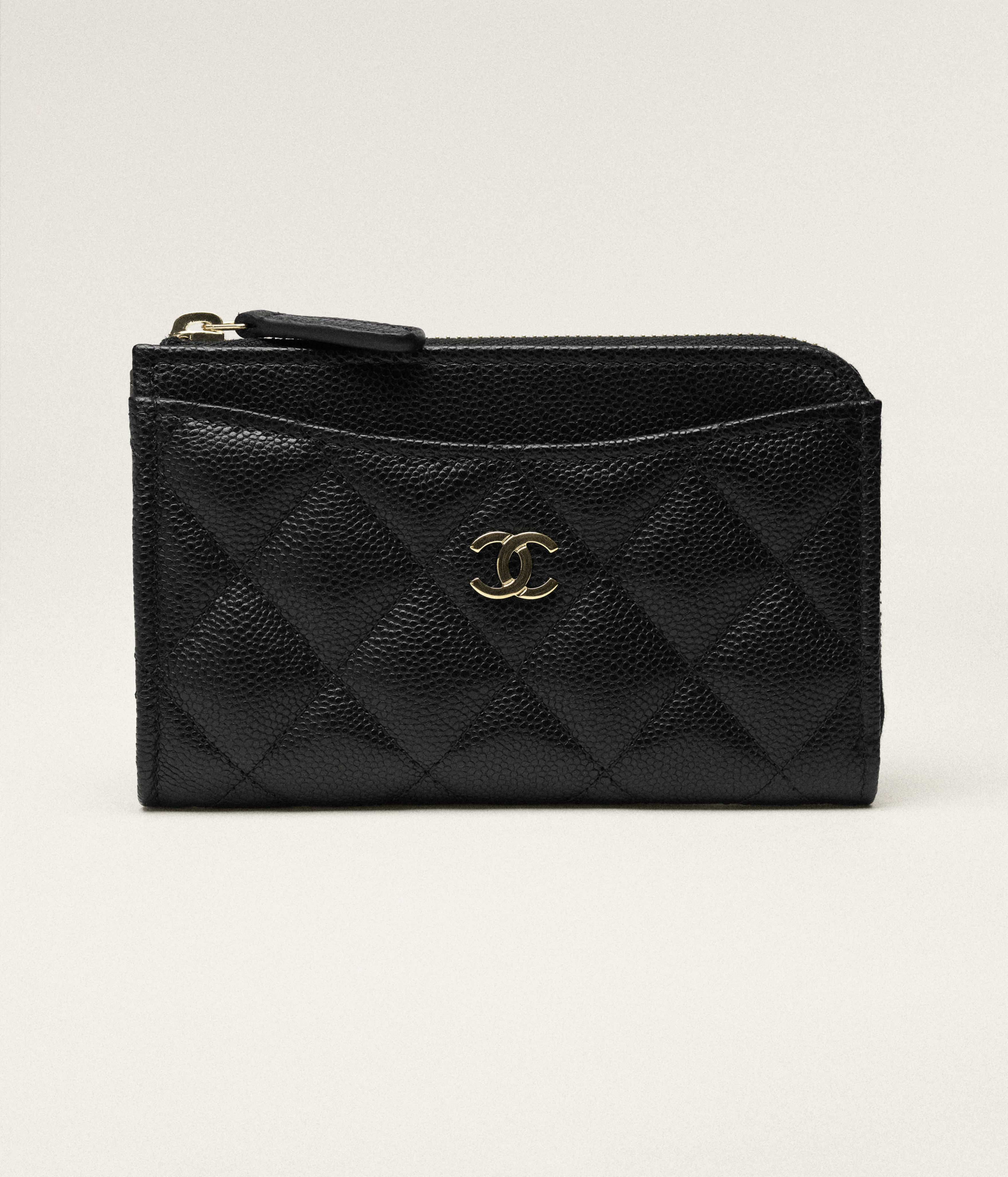 Classic zipped card holder - Grained shiny calfskin & gold-tone