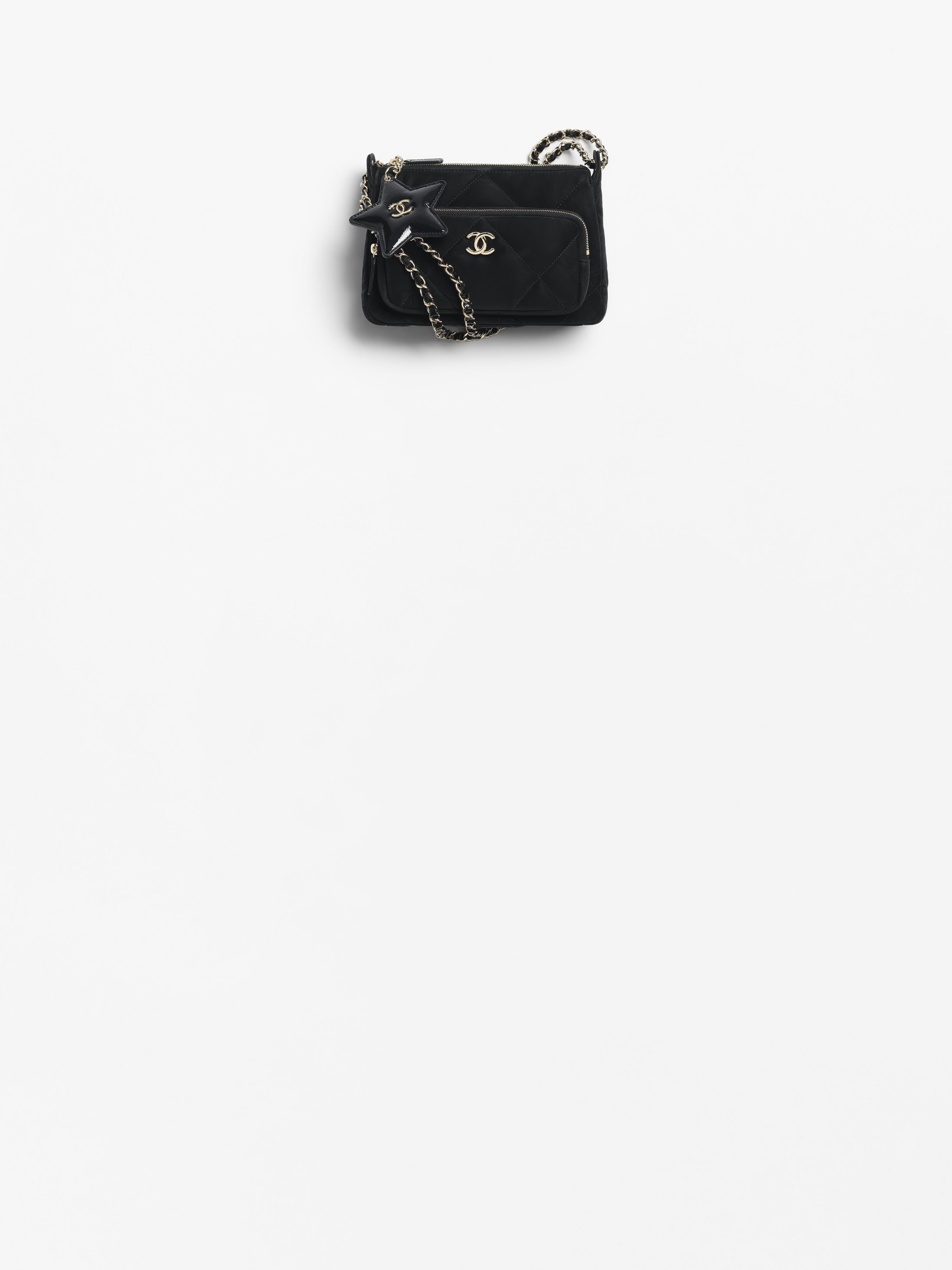 Clutch with chain - Velvet-effect nylon, shiny crumpled calfskin