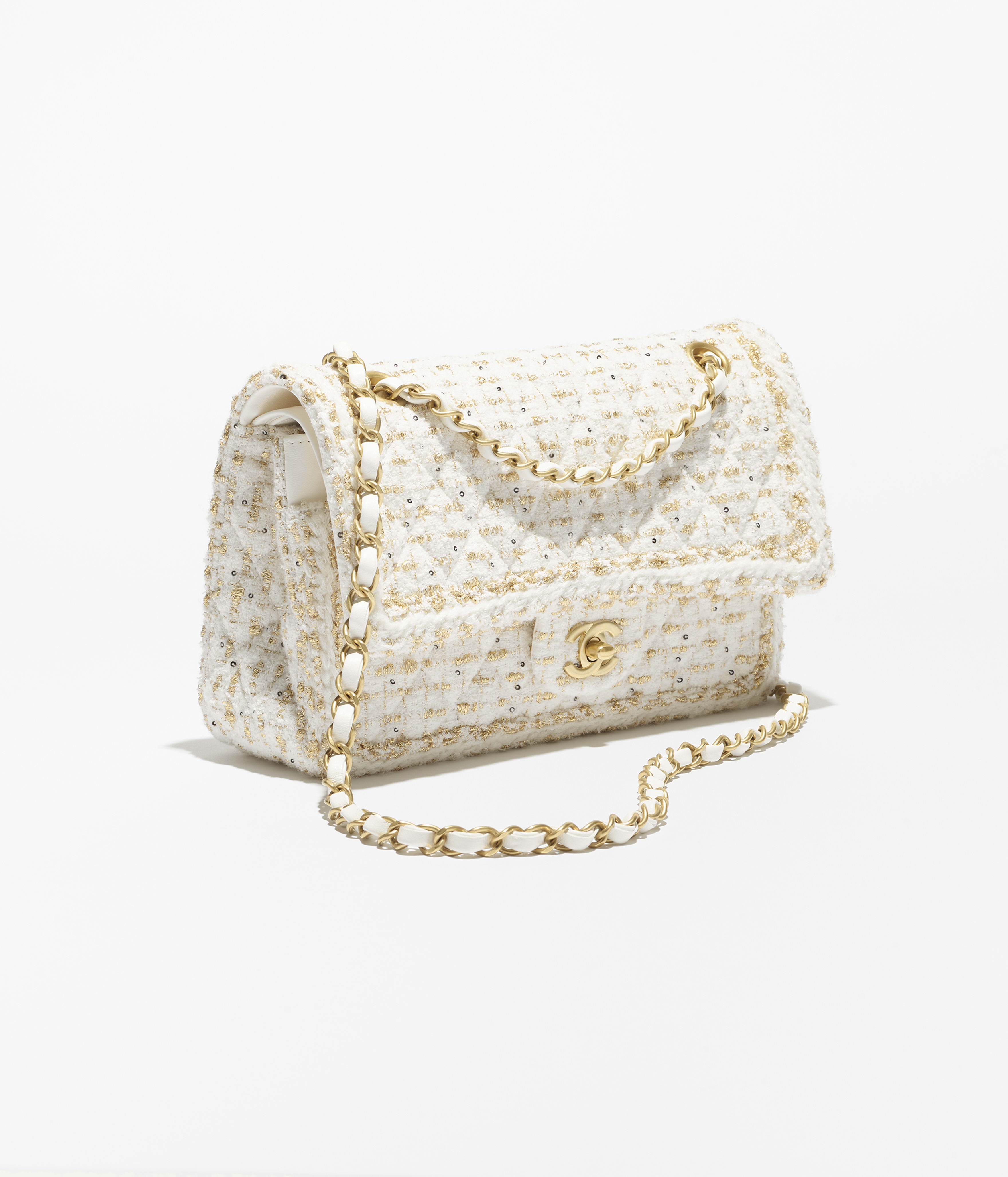 11.12 クラシック ハンドバッグ、ツイード、エクリュ & ゴールド