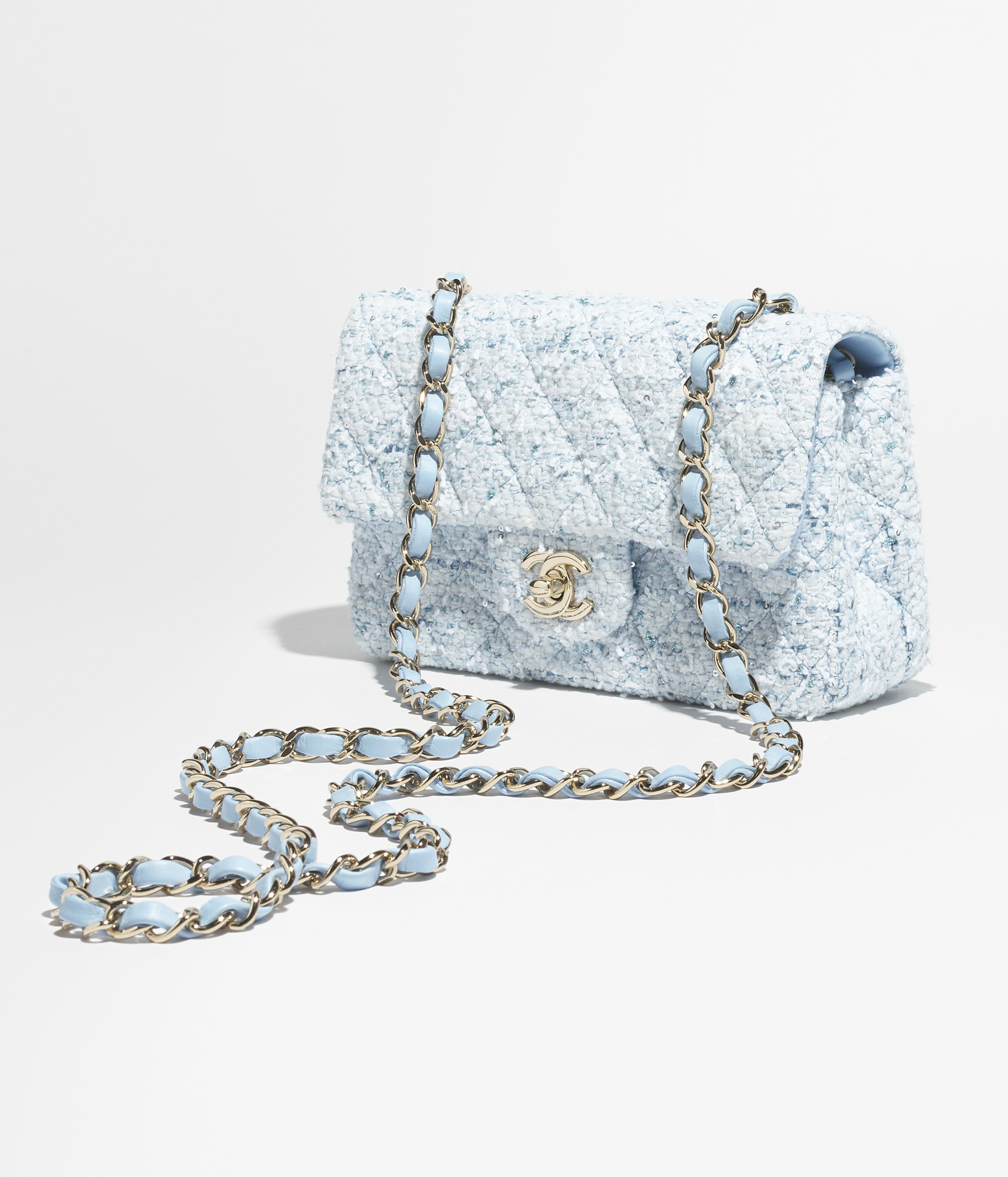 Mini classic handbag, Tweed & gold metal, blue, white & silver