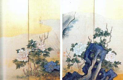 紙本著色 牡丹図屏風（田崎草雲筆）（しほんちゃくしょく ぼたんずん