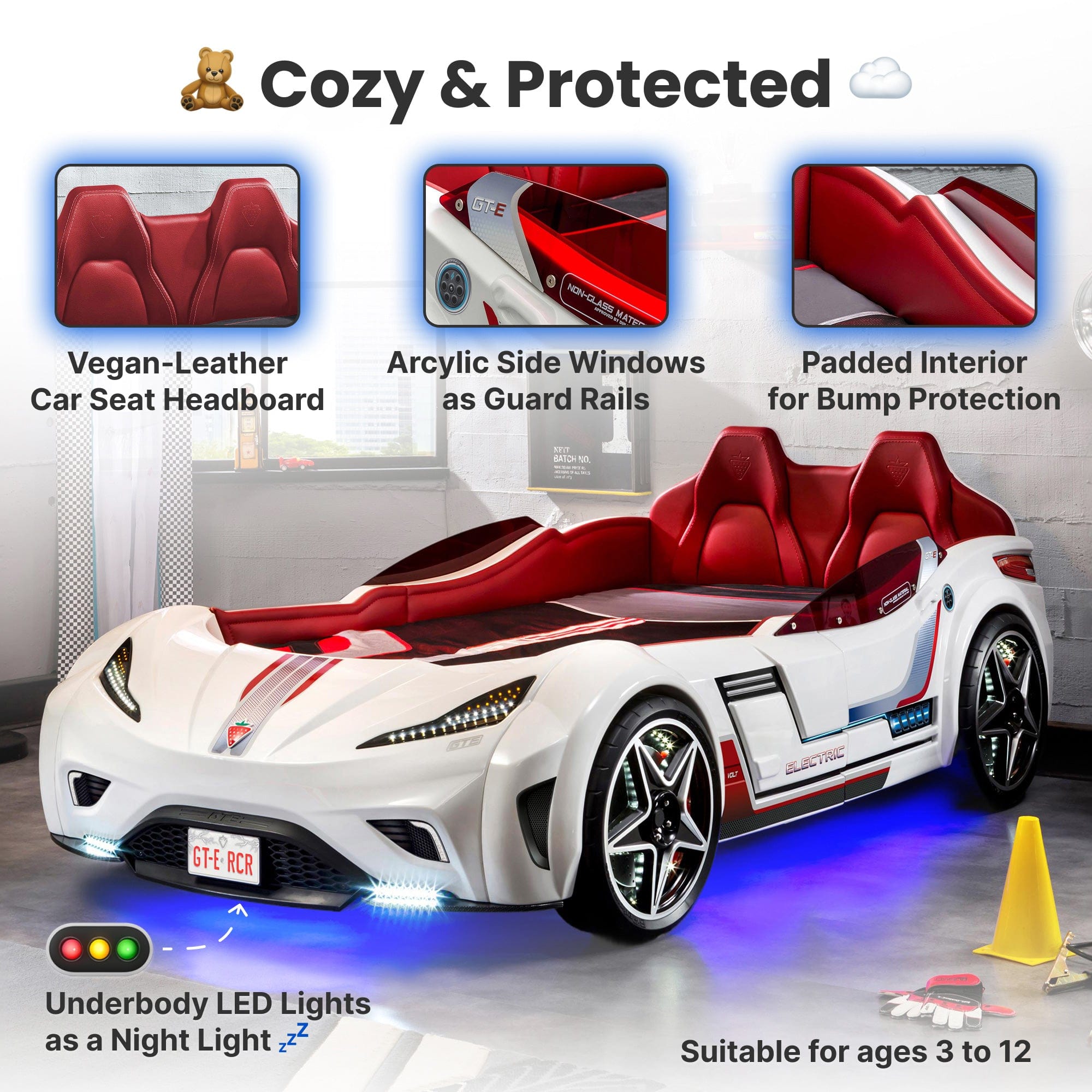 GTS EV White Twin-Size Race Car Bed with Remote, LED Ambient