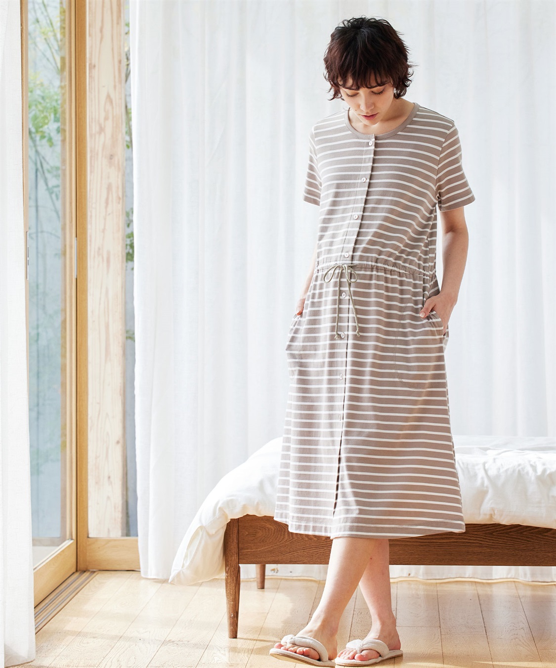 天竺先染めボーダー&無地 らくらく授乳半袖ネグリジェ （マタニティ