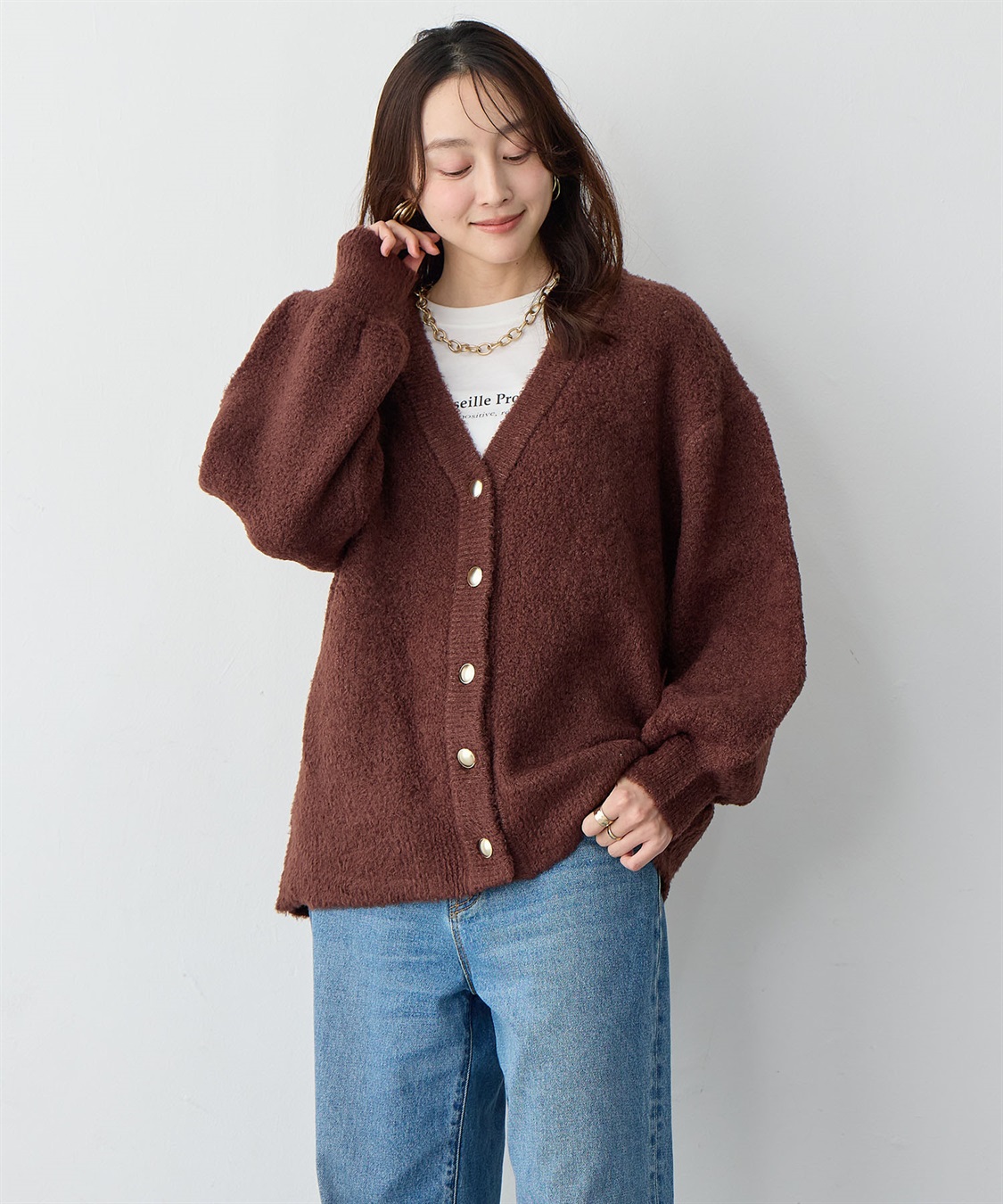 anyfee/大きいサイズ】金ボタンブークレニットカーディガン Life Style