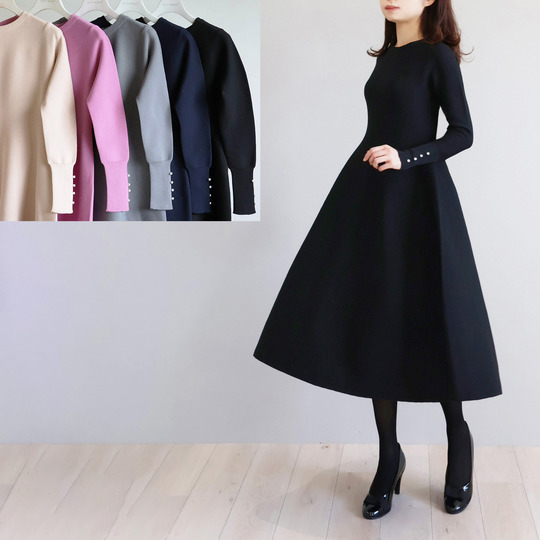 ホールガーメント パール付き フィットアンドフレア 長袖ワンピース