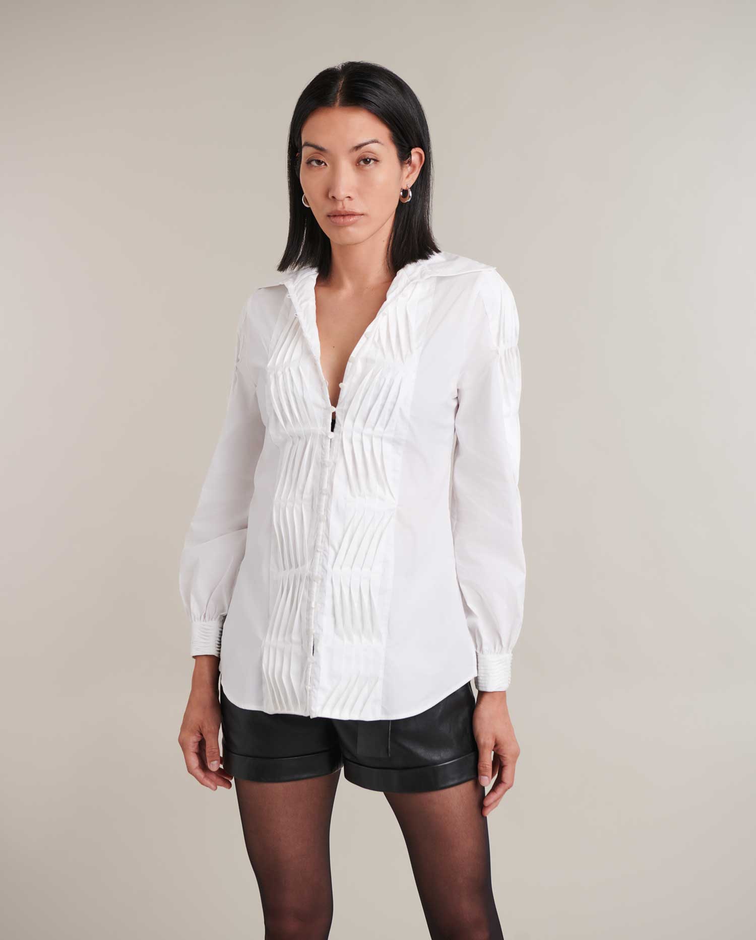 ELODIE White Cotton Long Length Blouse With Pintuck Wave Design