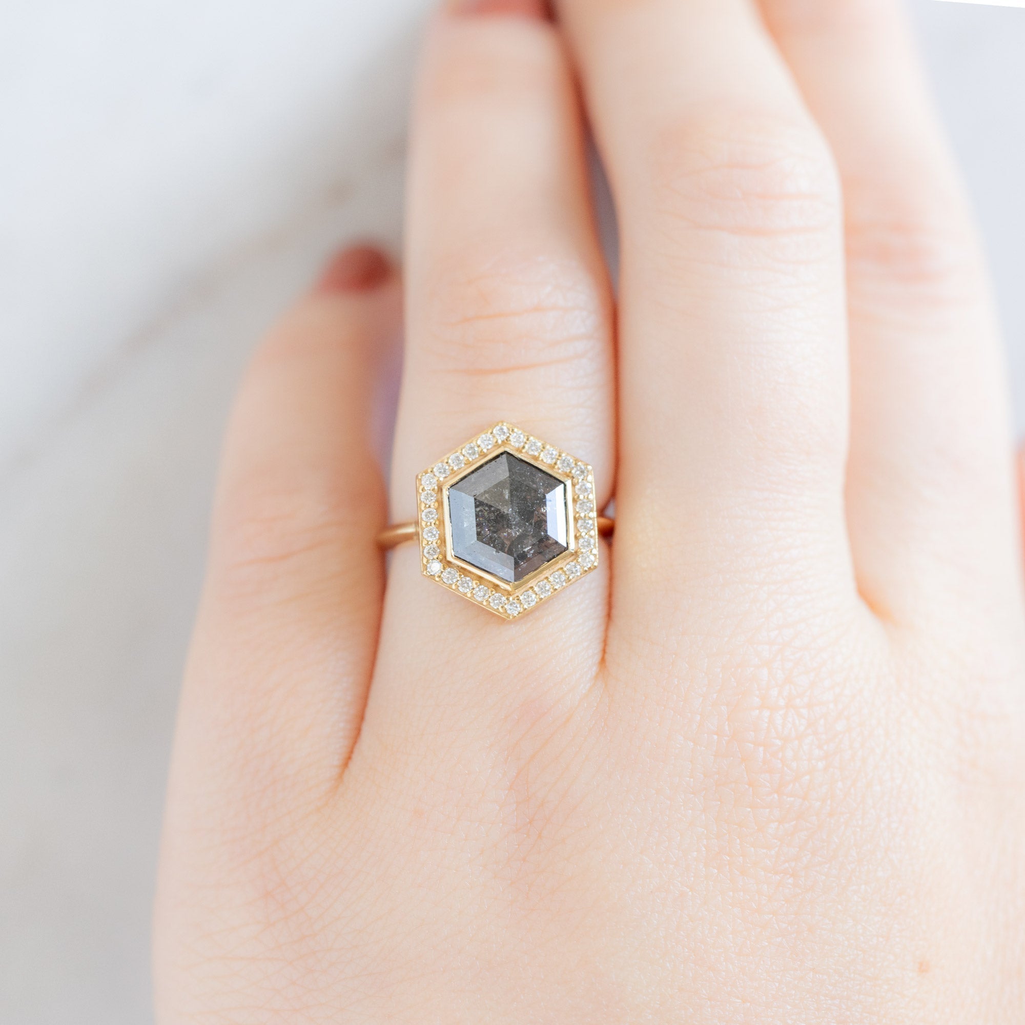 The Dahlia Luxe | 2.68ct Salt and Pepper Hexagon Diamond in 18K