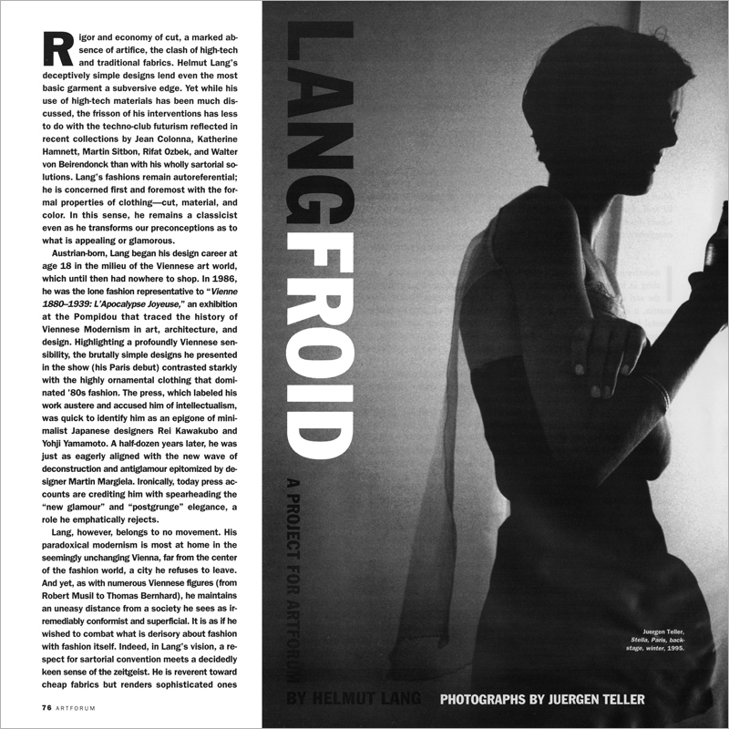LANGFROID: A PROJECT FOR ARTFORUM BY HELMUT LANG