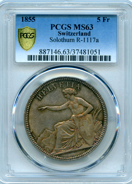 1939年スイス射撃祭 5フラン 銀貨PCGS MS64 1939年スイス射撃祭 5