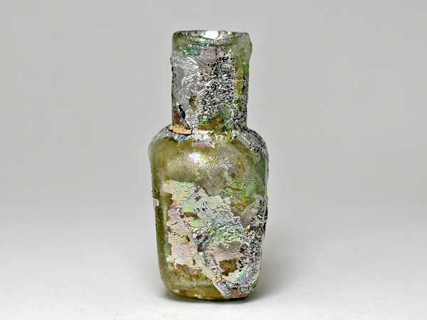 1909】古代ローマングラス激しい銀化四角小瓶 ボトル(高さ約45Cm