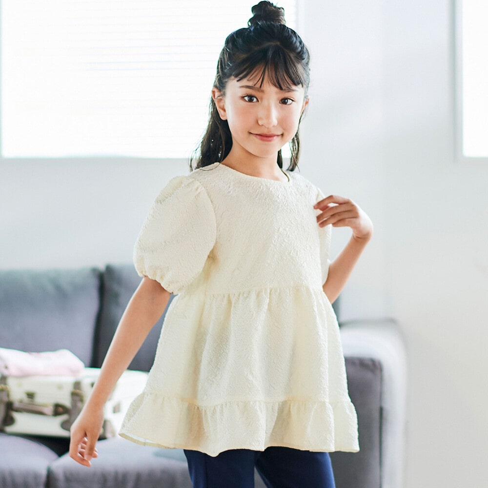 お揃い】ドビーフラワーガーデンプリントパフスリーブブラウス(100