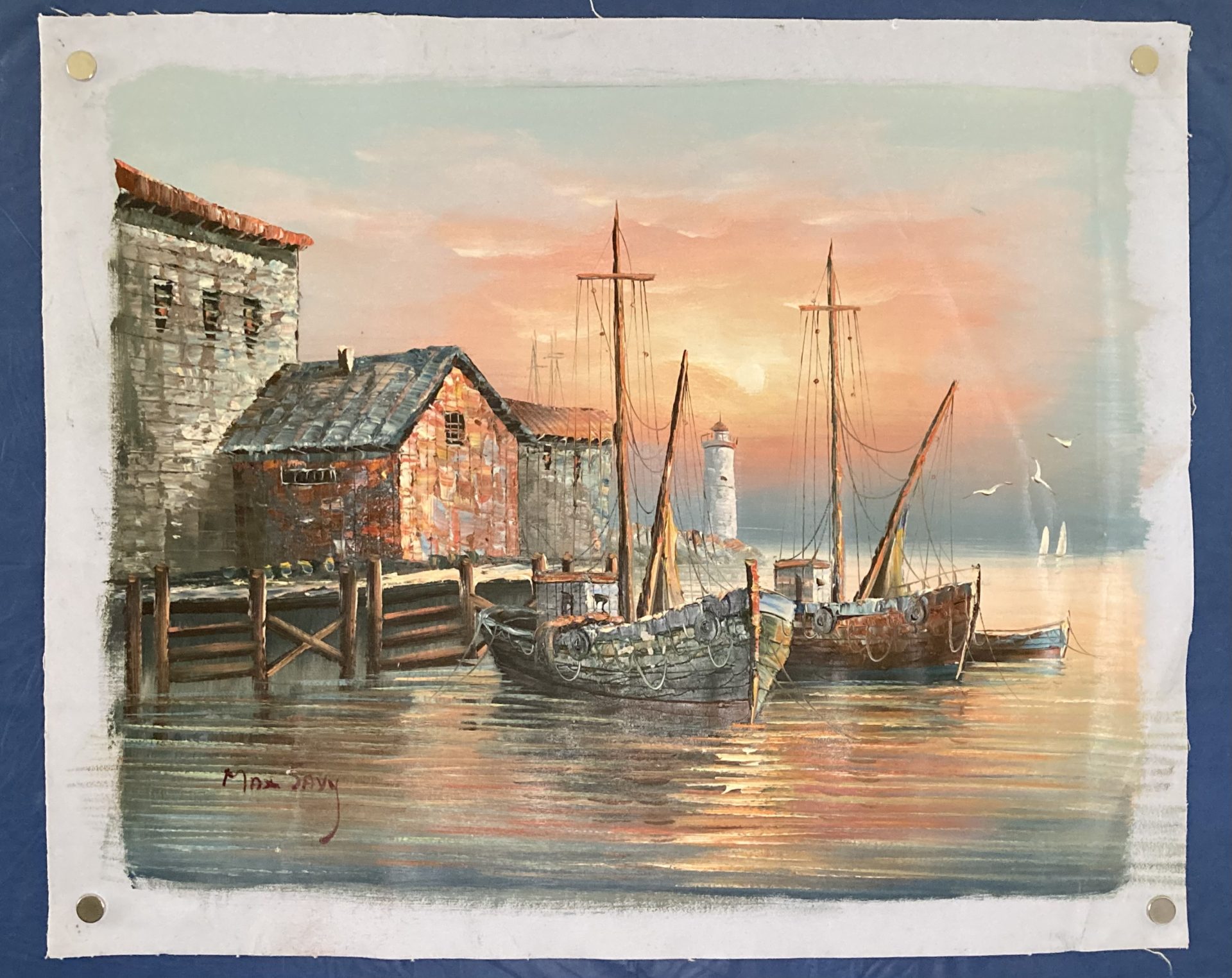 Fishing Harbour at Sunset by Max Savy – Oil on Canvas Painting