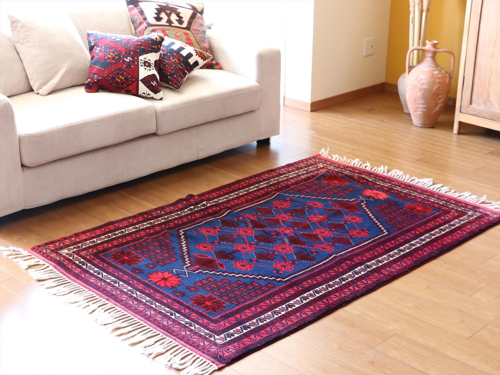 ヤージベディル トルコ絨毯/トライバルラグ191×113cm ブルー＆レッド