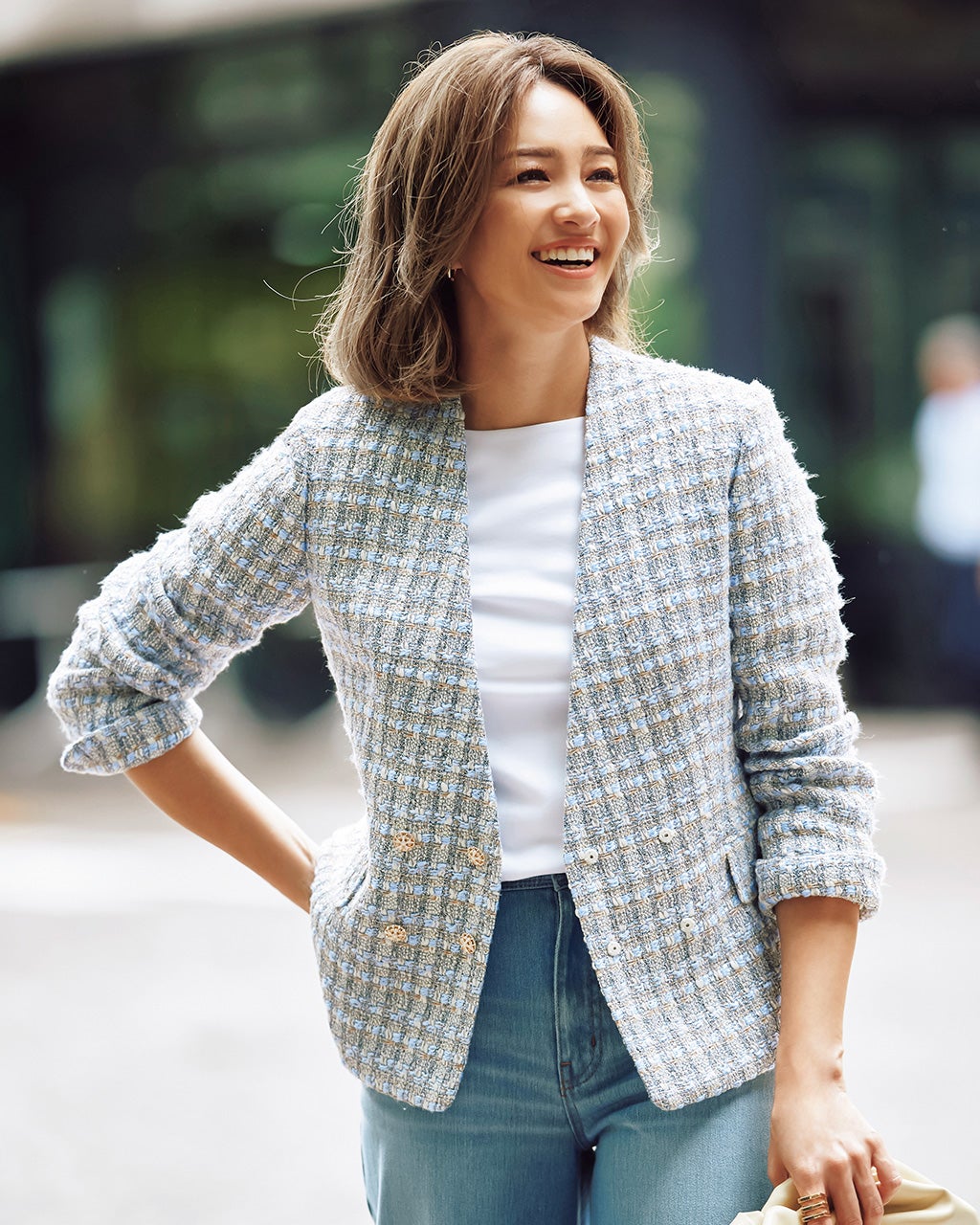 カラーツイード・ノーカラーVジャケット/DoCLASSE