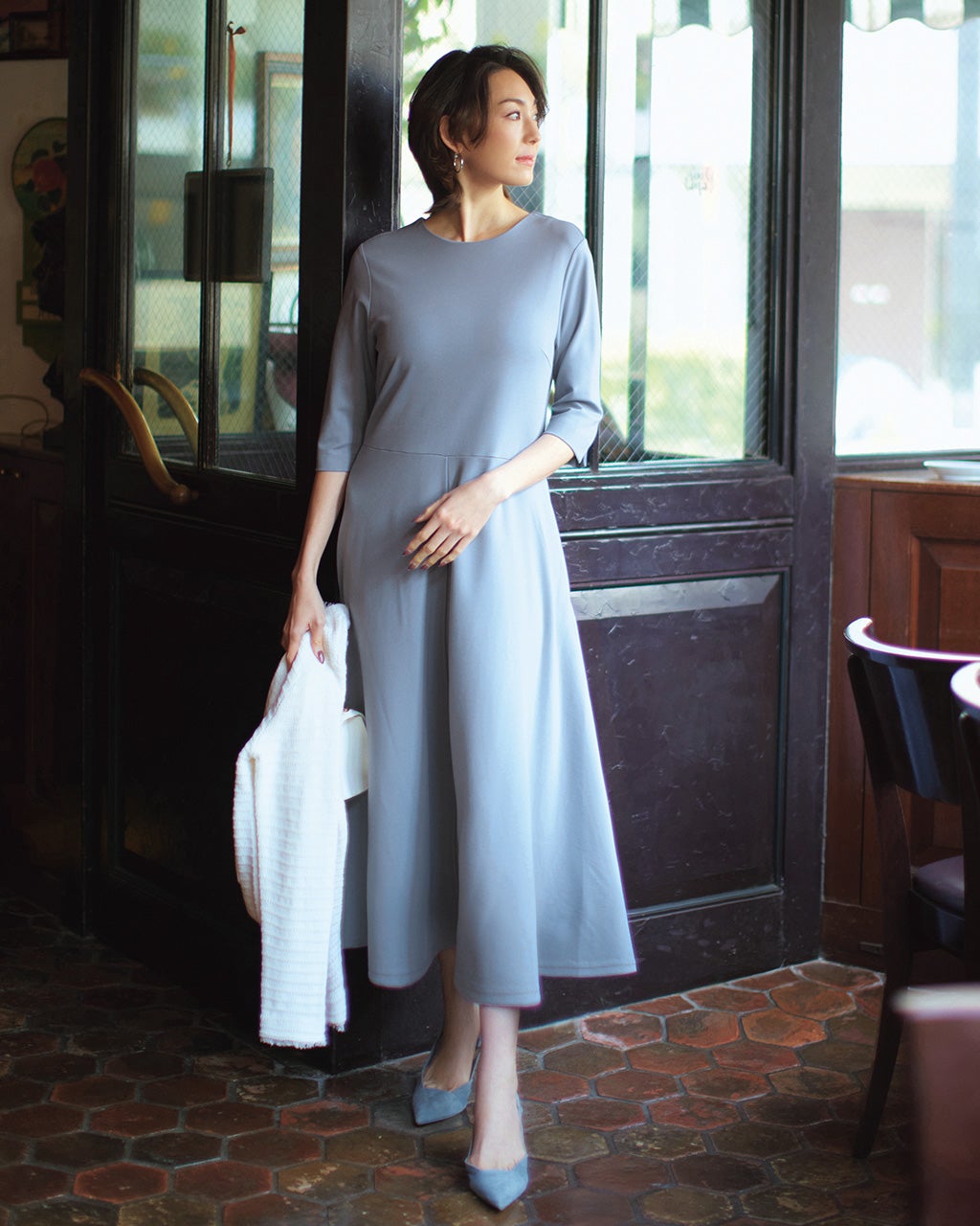 ソフトポンチ・Aライン7分袖ワンピース/DoCLASSE