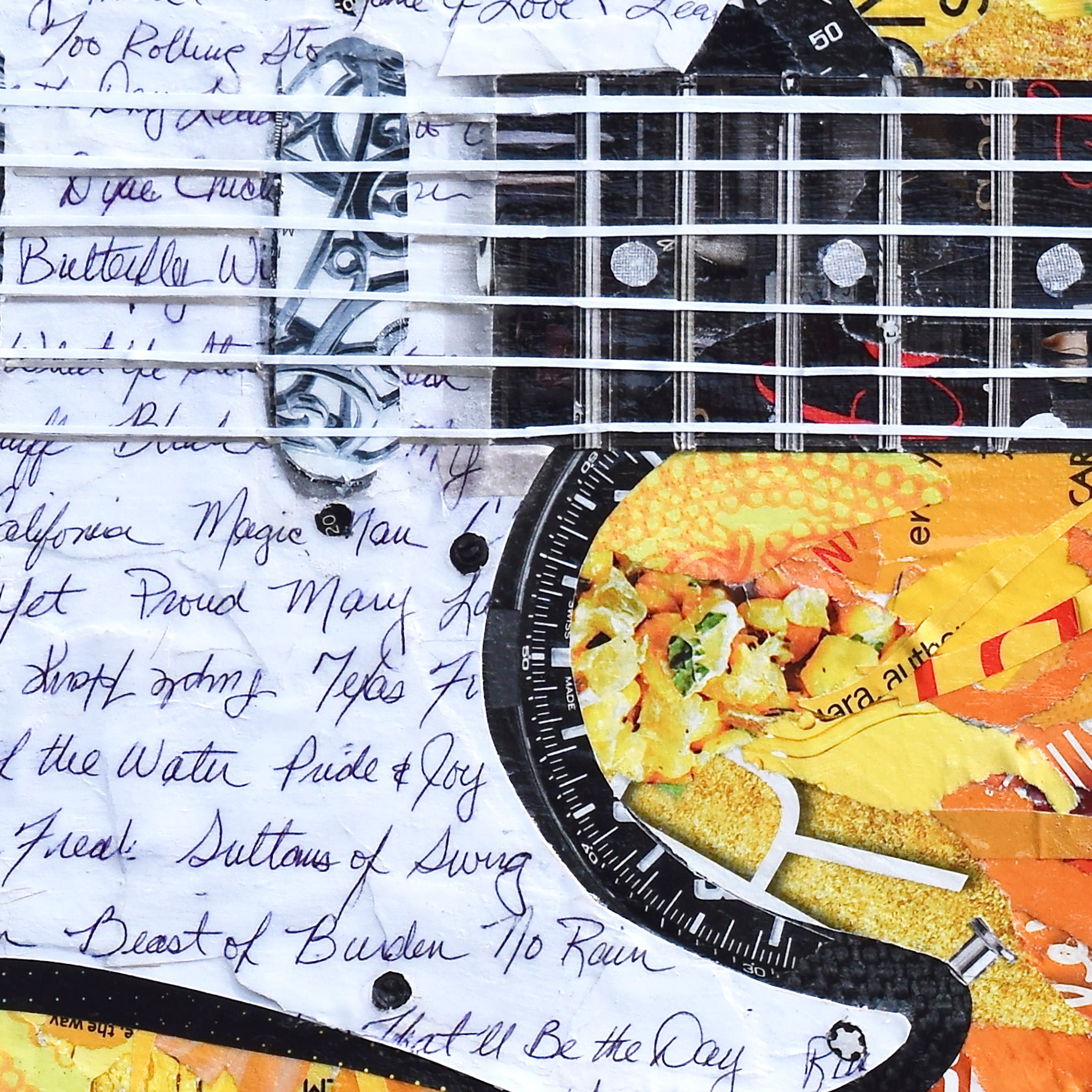 Black guitar print on red orange background – Deborah Shapiro Art