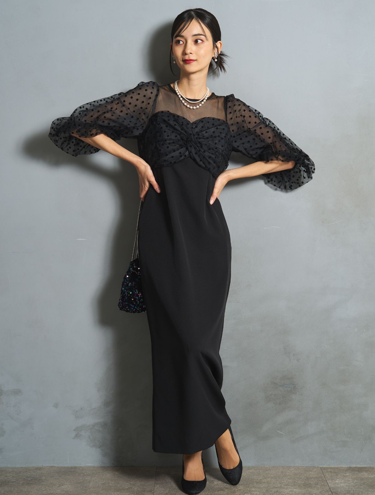 M】フロッキードットペンシルロングドレス（ブラック）DPSET0750の