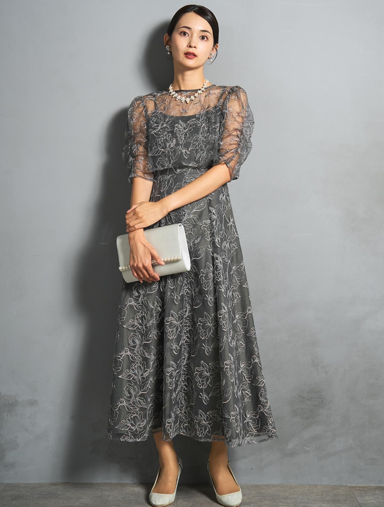 LL/3L】フラワーレースレイヤードドレス（グレー）DPSET0883Lの