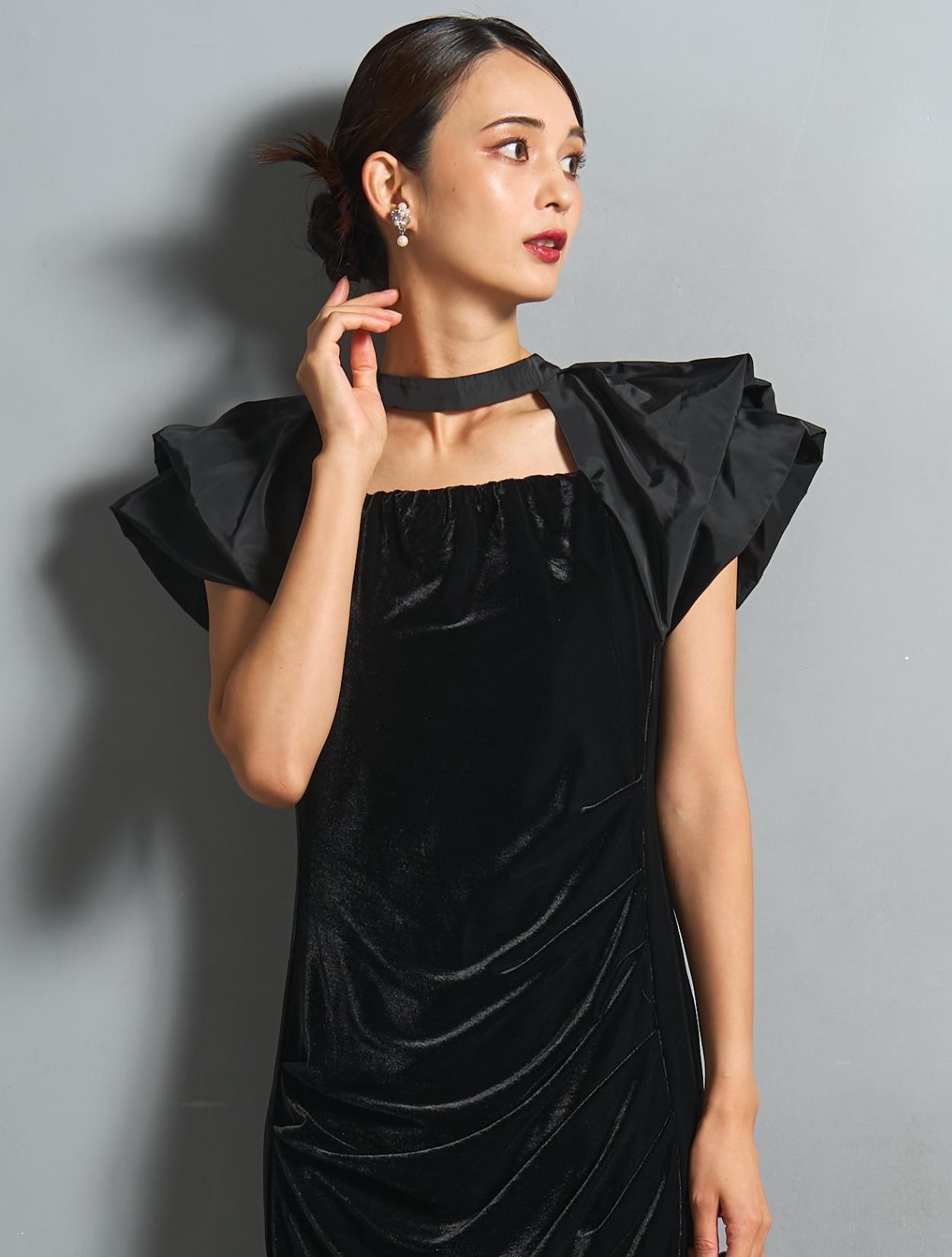 M/L】ベロア×タフタドレープドレス（ブラック）DPSET0866のレンタル