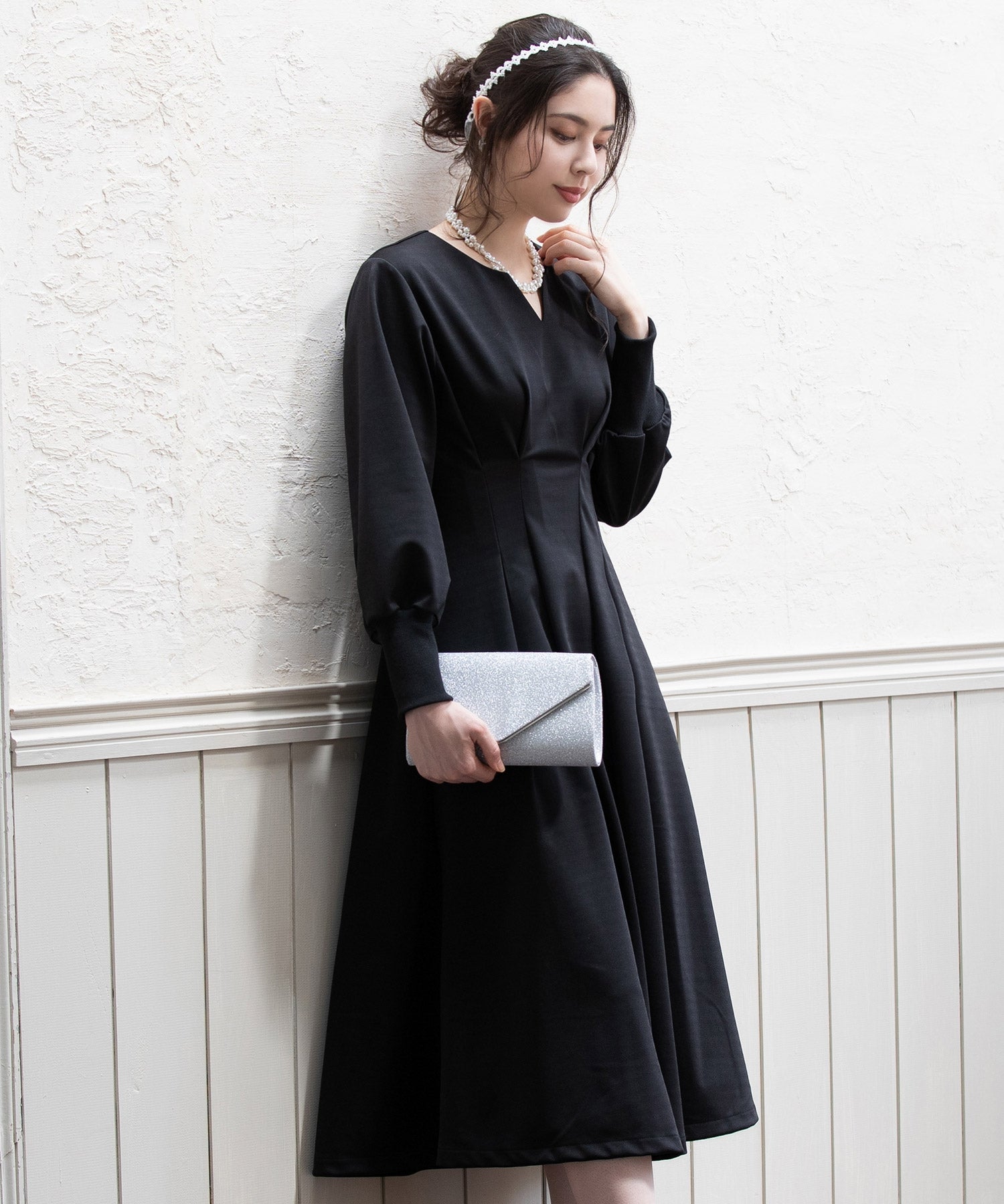 ワンピース フレア Aライン 長袖 ストレッチ素材 スタイルUP ブラック