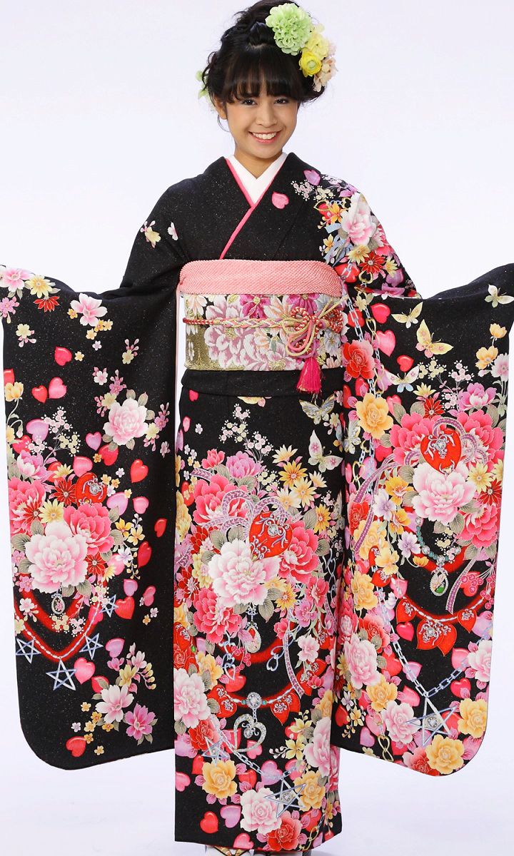 振袖|黒系| 牡丹 |8S210|対応身長:155-165cm|ｻｲｽﾞ:15号-17号｜全国宅配