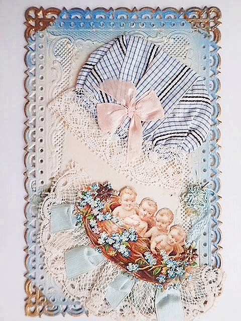 コラージュ ポストカード（ベビーとボンネ) - 薔薇と天使のアンティーク