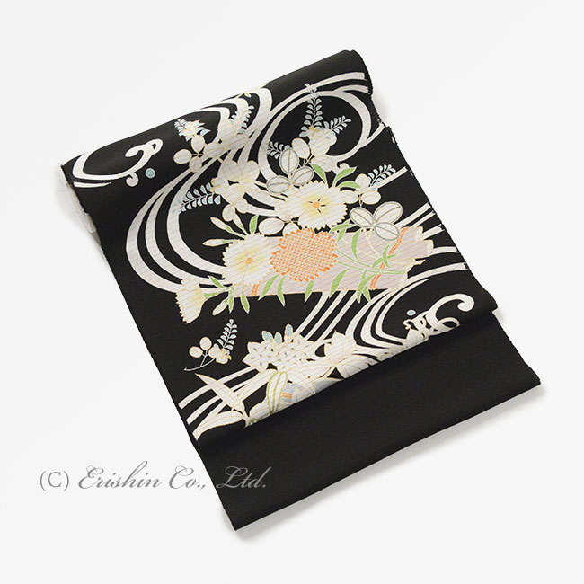 お誂え】染名古屋帯（流水に花筏/黒地・絽縮緬）/夏・単衣向『着物