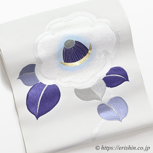 刺繍九寸名古屋帯（大椿/白練色）野口『着物・呉服えり新』