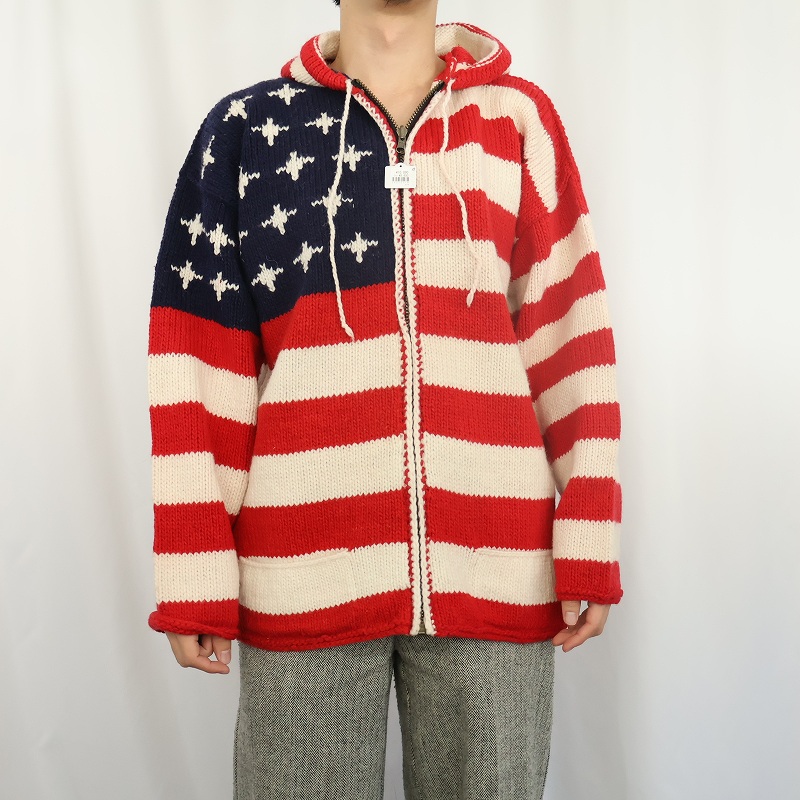 アメリカ国旗柄 エクアドルニット 総柄 ジップパーカー| ビンテージ