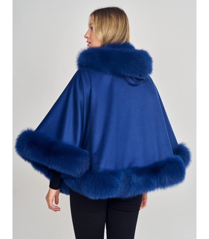 Cashmere Cape With Fox Fur Trim in Navy: FurHatWorld