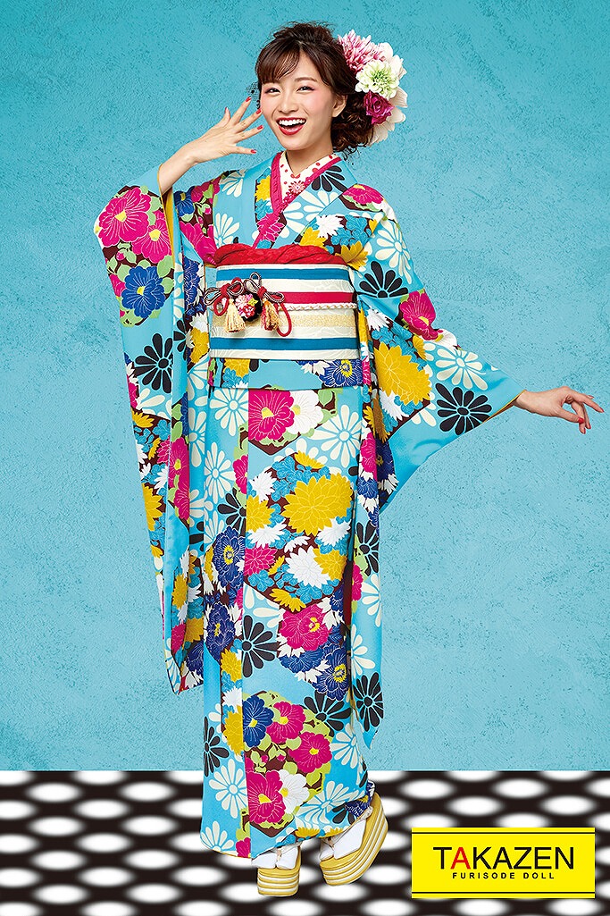 激安レトロポップ 水色(ブルー)/黄/ピンク/カラフル 総柄 個性的振袖