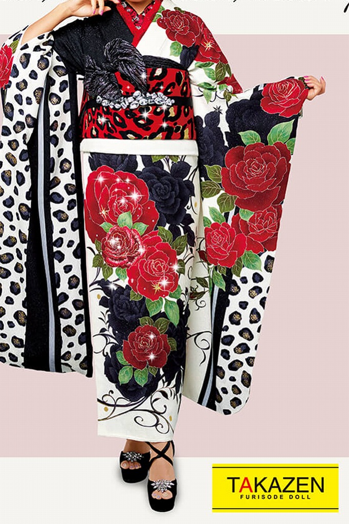 ギャルモード 白/黒/赤 薔薇柄/ヒョウ柄 人と被らない振袖ネット
