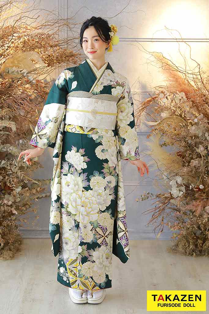 正統派古典 グリーン/白 牡丹柄/和柄 豪華振袖ネットレンタル 伝統的な