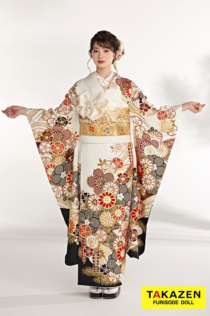 正統派古典 白/黒/赤 菊柄 かわいい 清楚 伝統的振袖 金彩刺繍京友禅