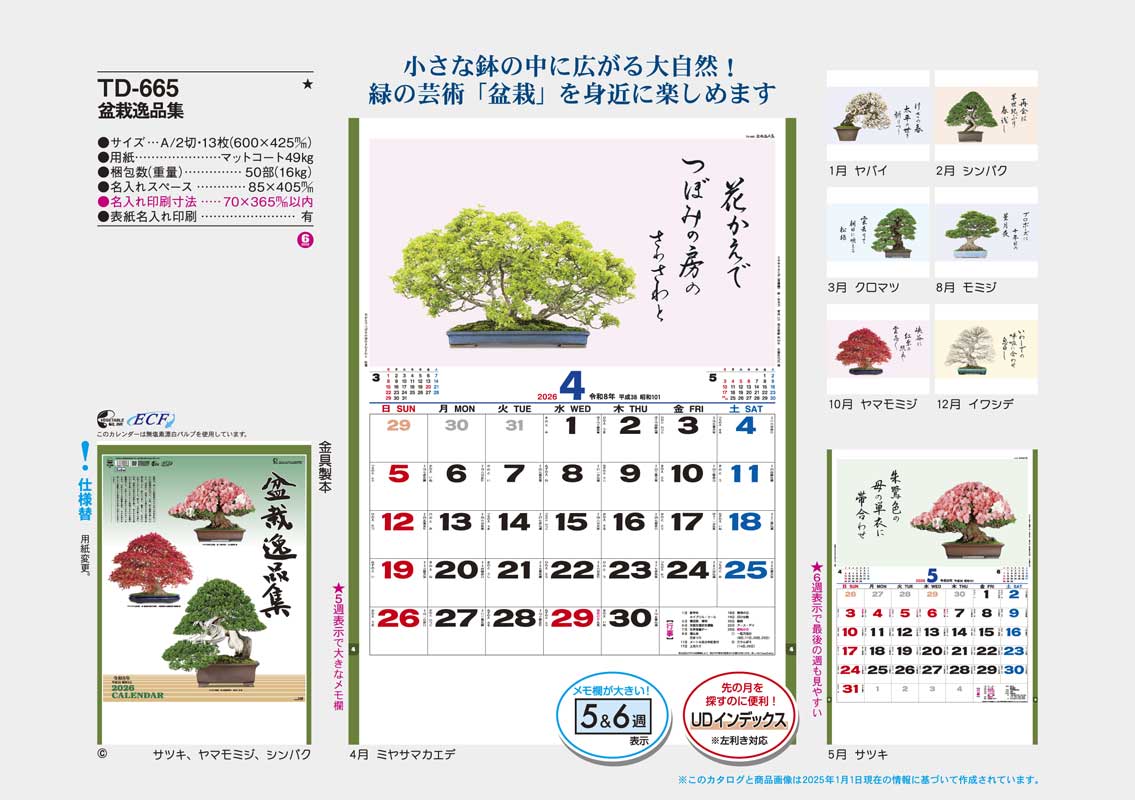 盆栽逸品集 / TD-665（2026年） | カレンダー専門店【暦やドットこむ】