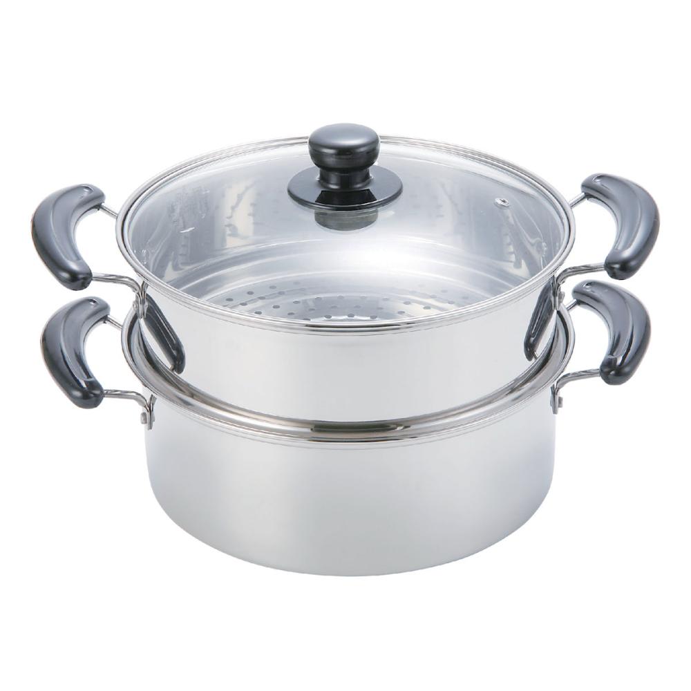 ステンレス製 ガラス蓋付 2段蒸し器 26cm H5875 の通販