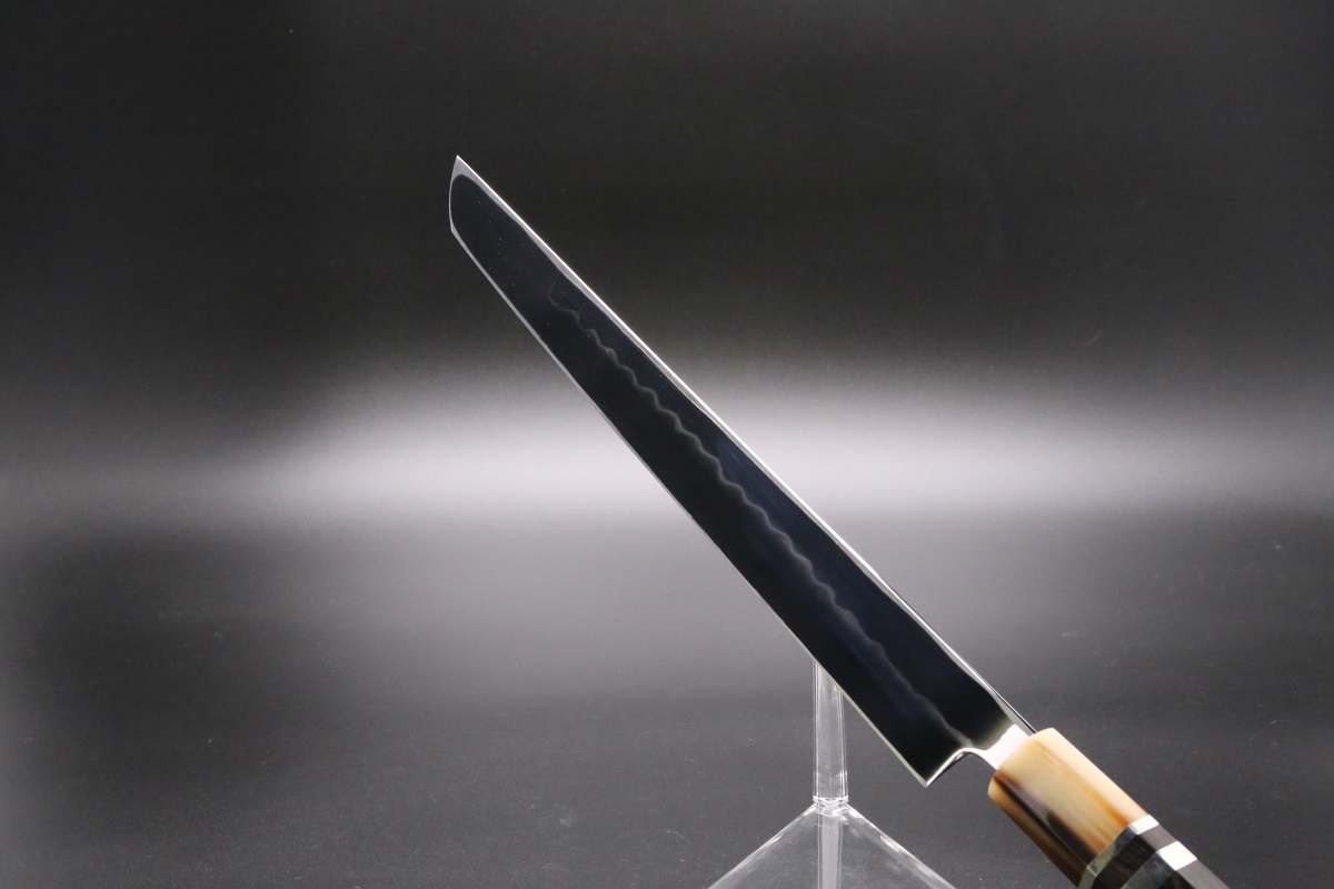 先丸蛸引 白鋼 300mm 油本焼 両鏡面 波浮かし 八角黒檀柄 白木健一作