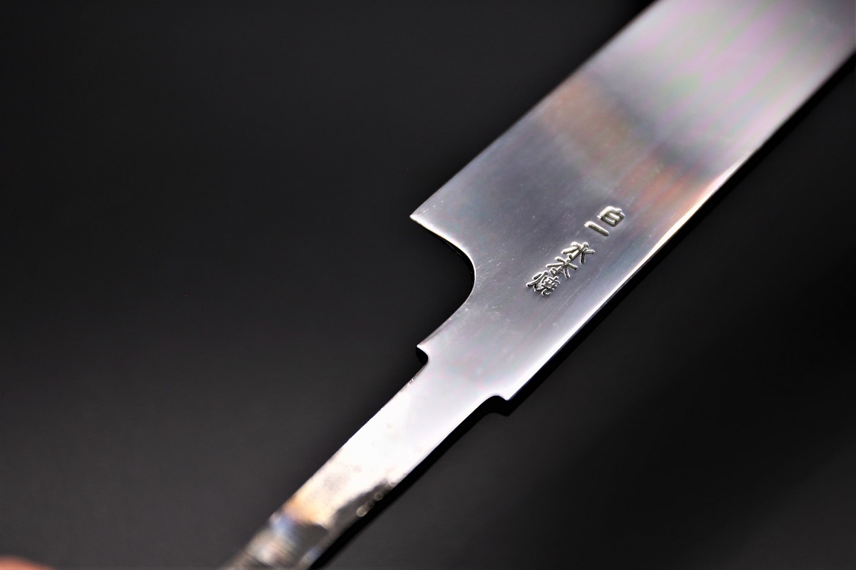 切付柳刃 白一鋼 330mm 水本焼 富士掛かり満月 両鏡面 八角黒檀柄 玄海