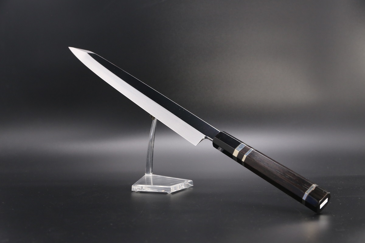 切付柳刃 銀三本焼 300mm 平鏡面 黒檀柄 鞘付き【左利き用】-歌舞伎ナイフ