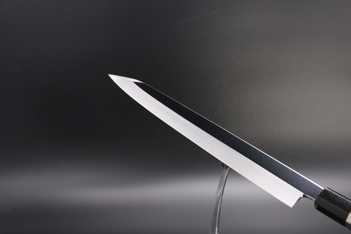 切付柳刃 銀三本焼 300mm 平鏡面 黒檀柄 鞘付き【左利き用】-歌舞伎ナイフ